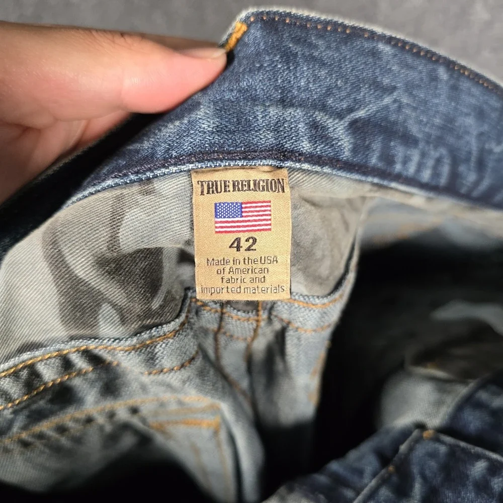 True Religion Jeans Mens 42 Geno Flaps Blue Distressed Relaxed Slim Concrete NEW